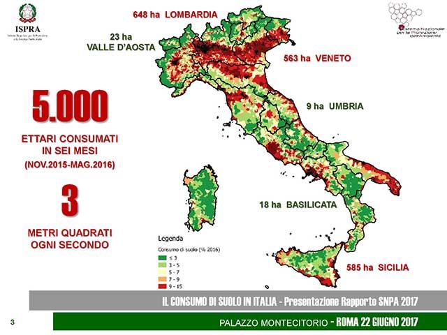 Consumo di suolo: in 6 mesi consumati 5 mila ettari di territorio